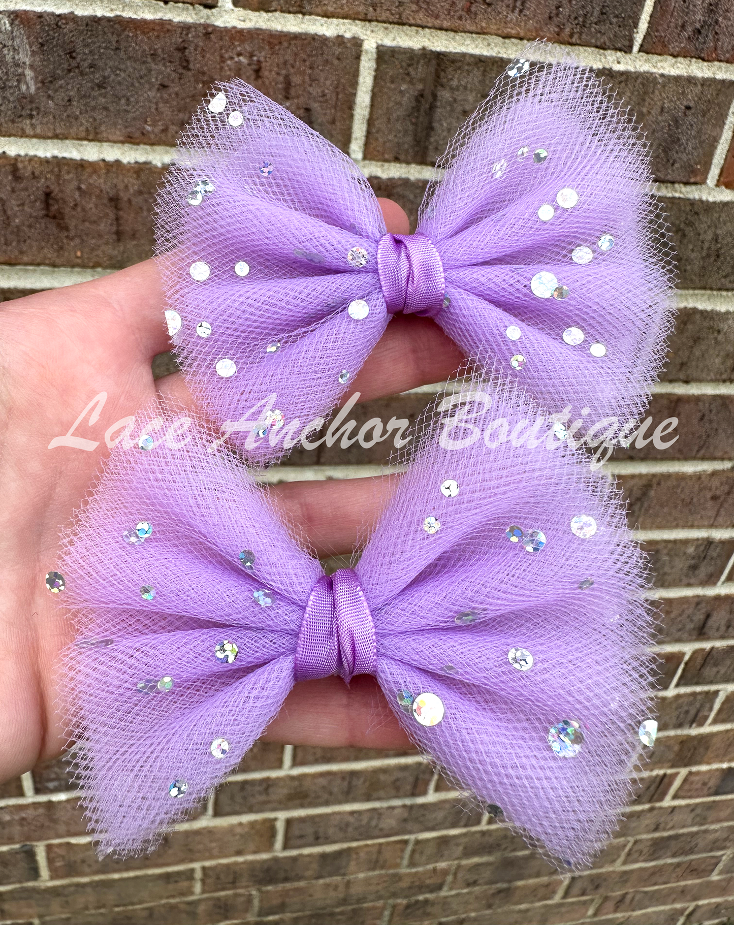 handmade custom tulle girls hair bow or piggies clips with silver squin sparkles and glitter in lilac light purple.