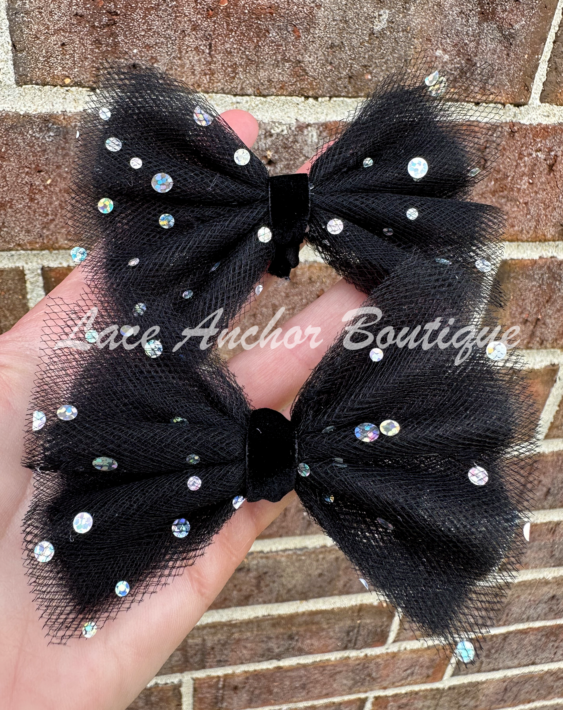 handmade custom tulle girls hair bow piggie clips with silver squin sparkles and glitter in black
