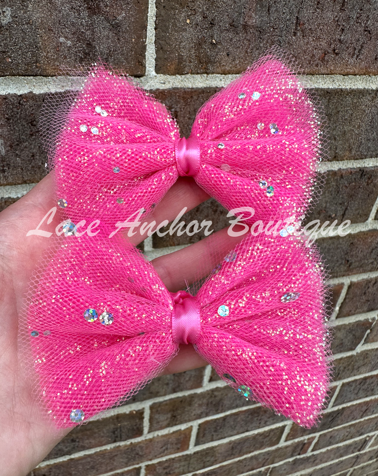 handmade custom tulle girls hair bow piggie clips with silver squin sparkles and glitter in hot pink