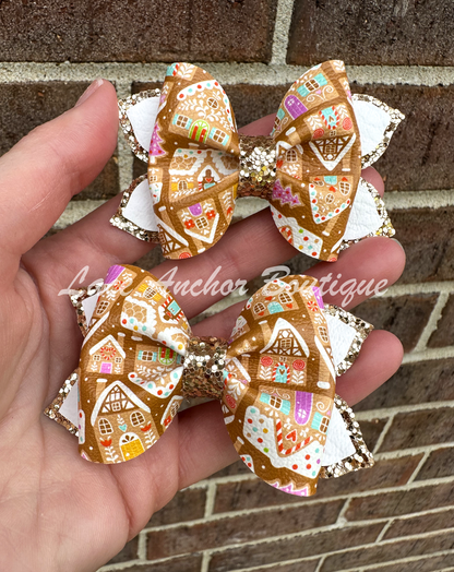 tan gingerbread houses hair bow clip. Gold glitter girls hair clips with pink glitter on faux leather.