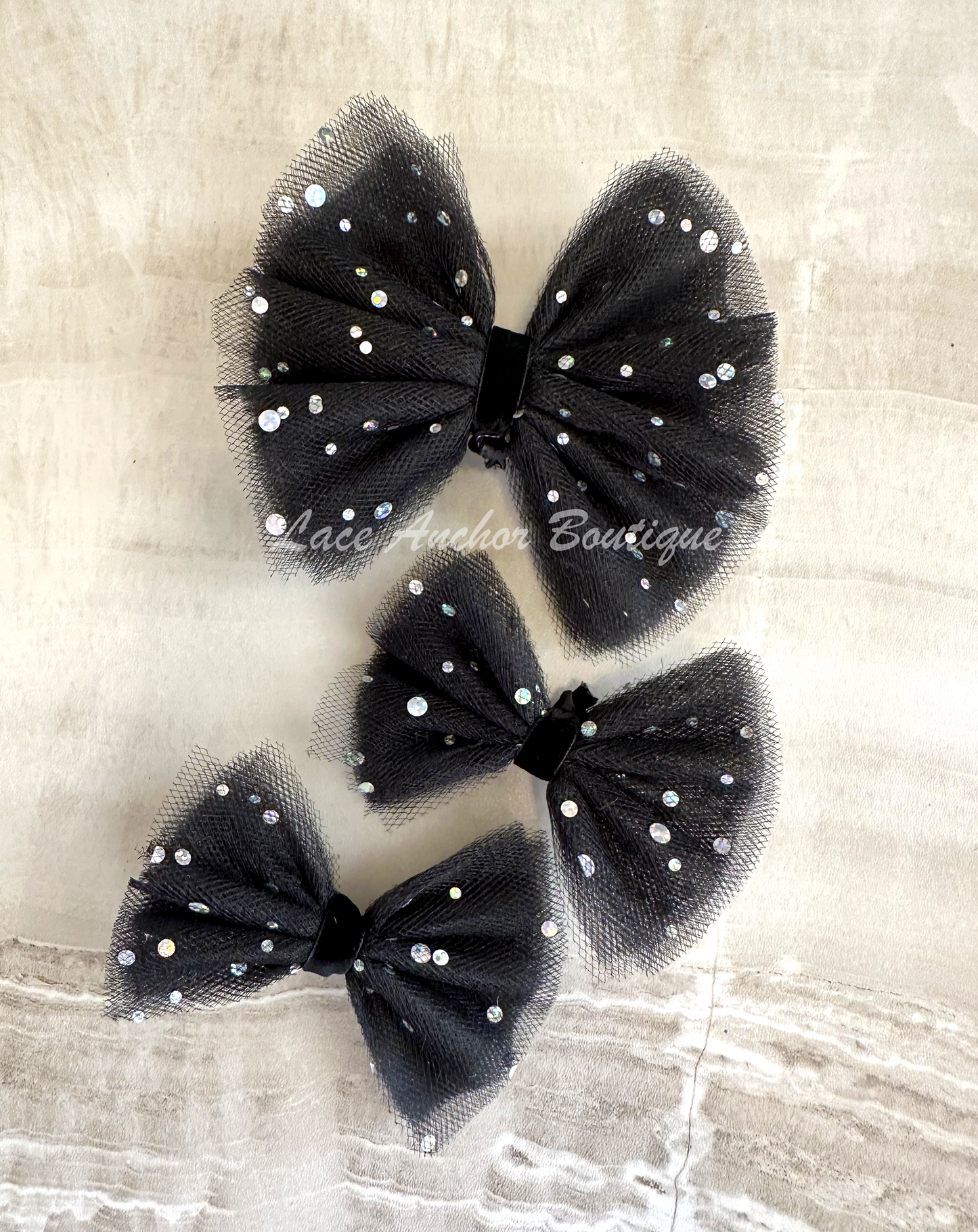 handmade custom tulle girls hair bow or piggies clips with silver squin sparkles and glitter in black