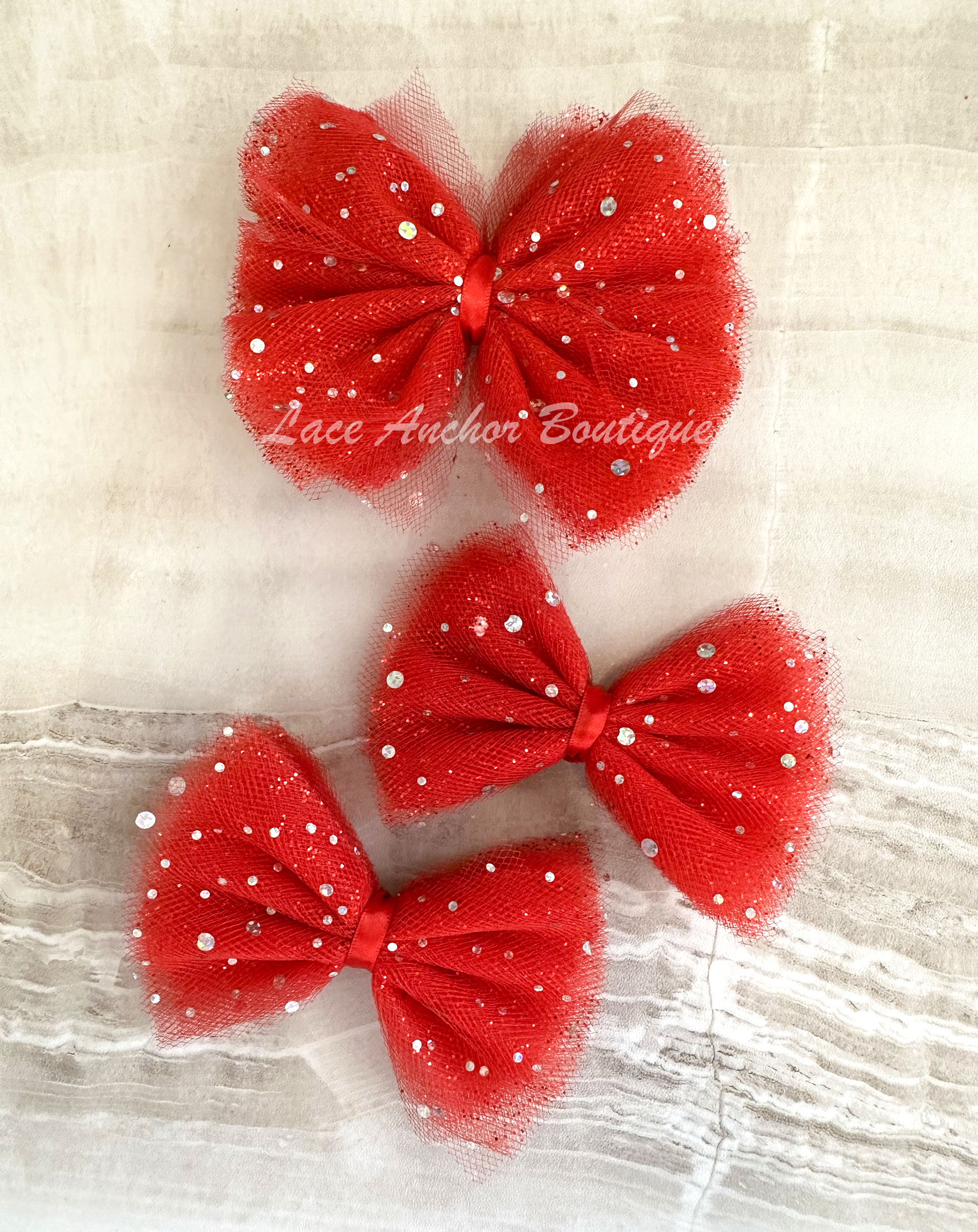 handmade custom tulle girls hair bow or piggies clips with silver squin sparkles and glitter in red