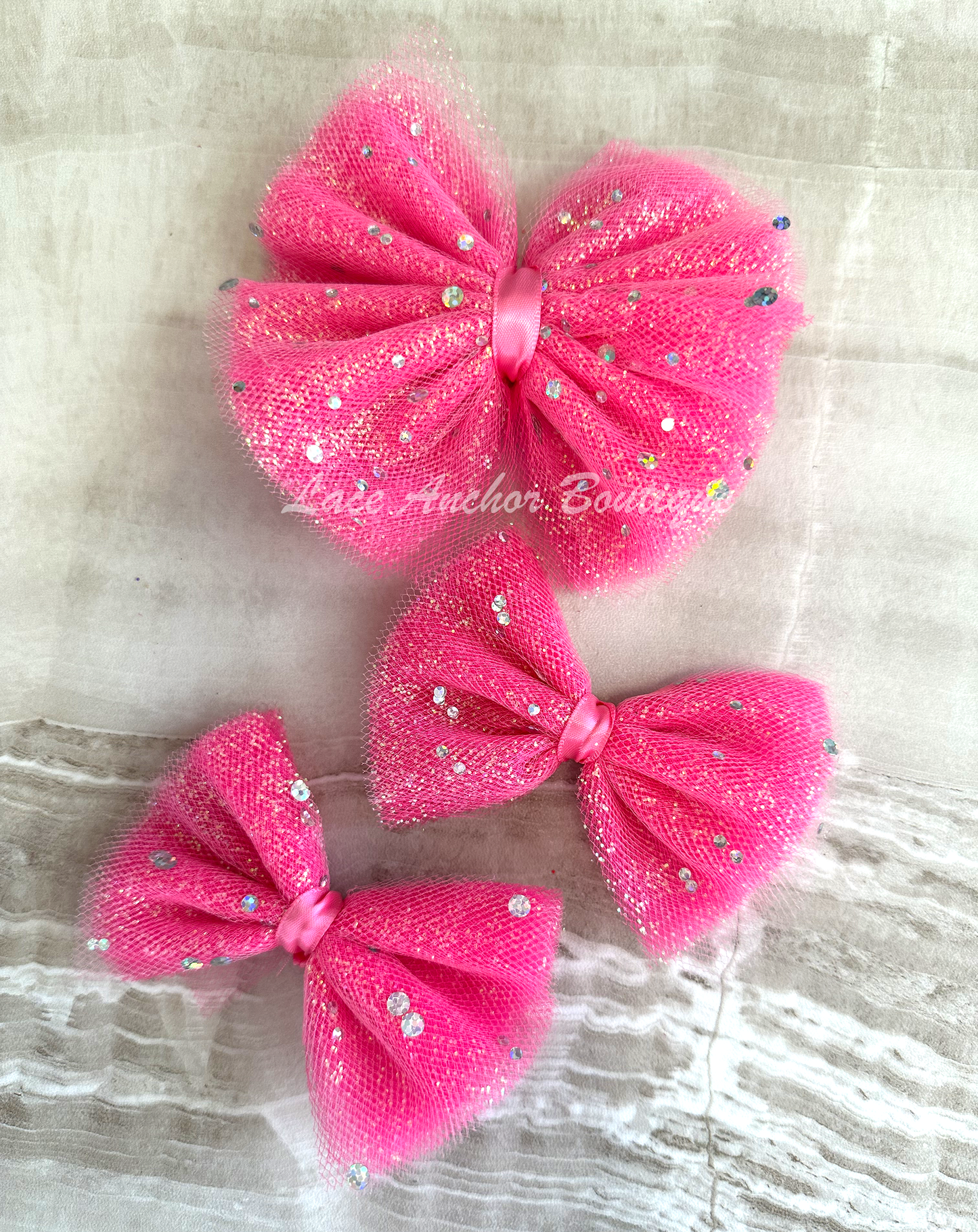 handmade custom tulle girls hair bow or piggies clips with silver squin sparkles and glitter in hot pink.