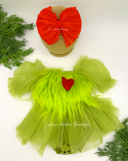 lime green baby girls romper with tulle skirt, puff sleeves, faux fur chest, smocked back, and embroidered red soft heart.