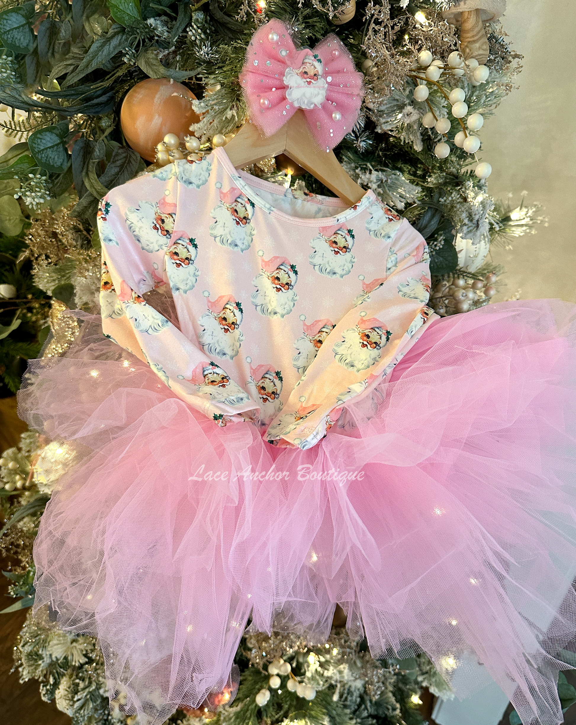 Santa Claus themed pink girls tutu dress with pink tulle skirt and long sleeves