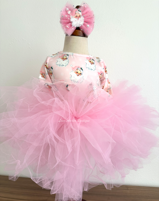 Santa Claus themed pink girls tutu dress with pink tulle skirt and long sleeves