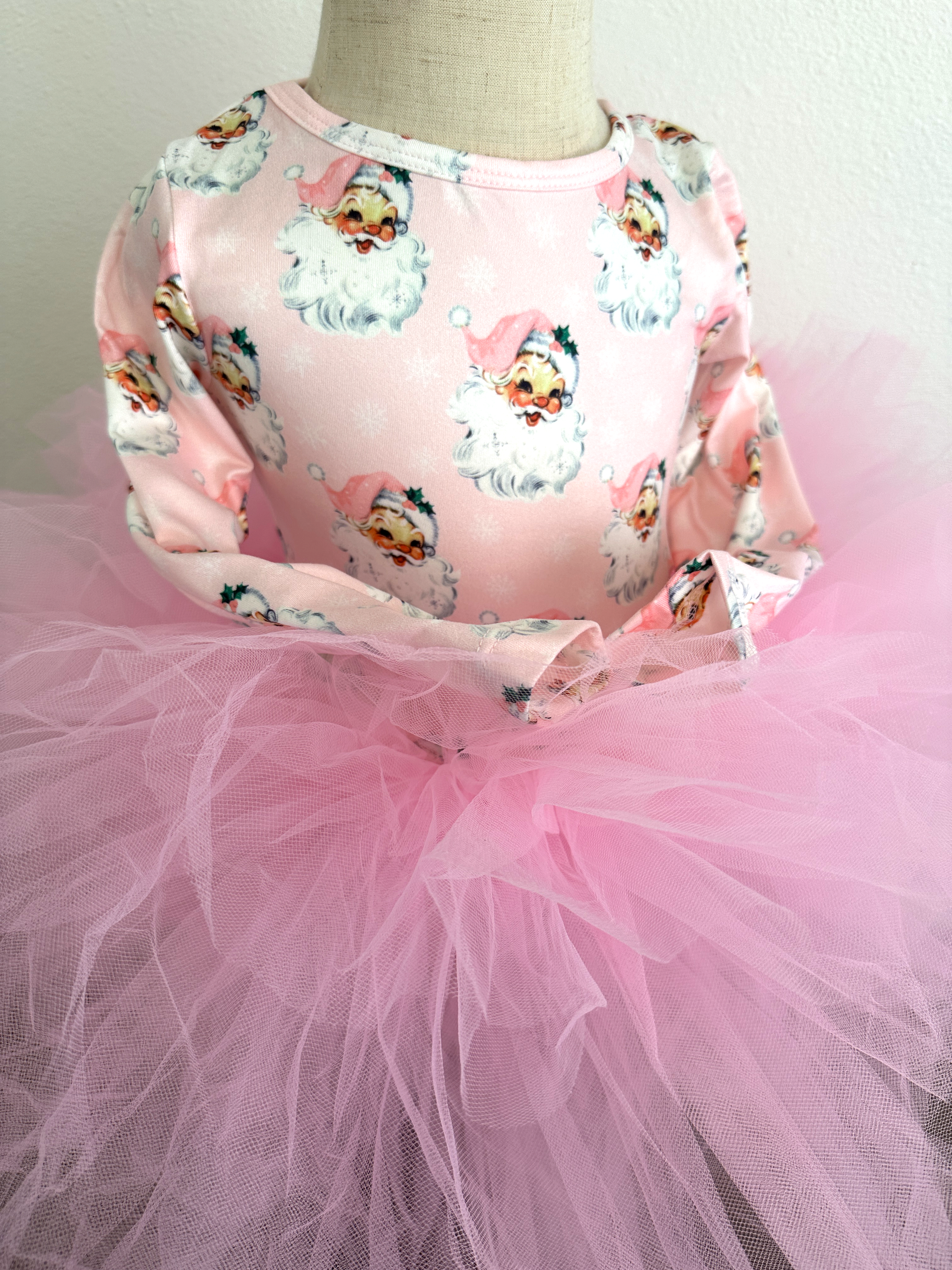 Santa Claus themed pink girls tutu dress with pink tulle skirt and long sleeves