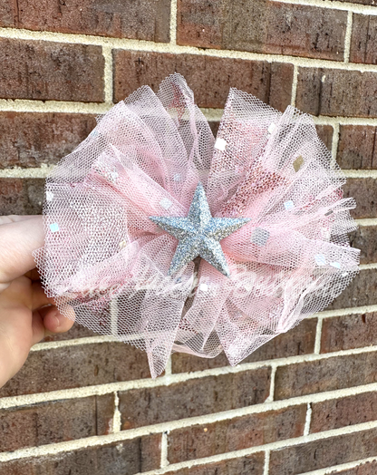 light pink sparkle sequin tulle girls hair bow with silver glitter star center