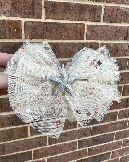 ivory sparkle sequin tulle girls hair bow with silver glitter star center