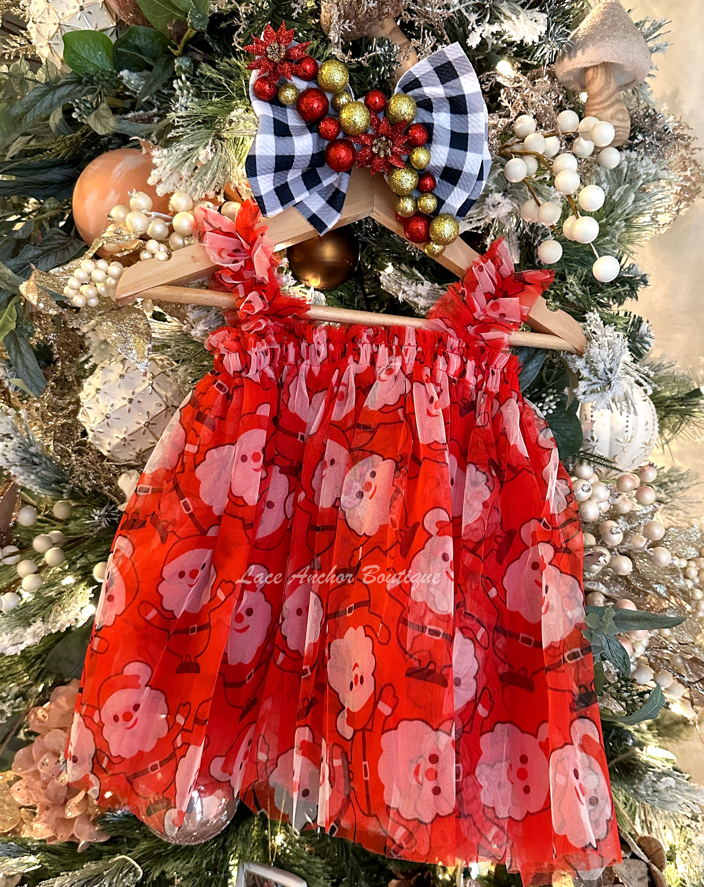 whimsical Santa printed red tulle baby girls Christmas dress