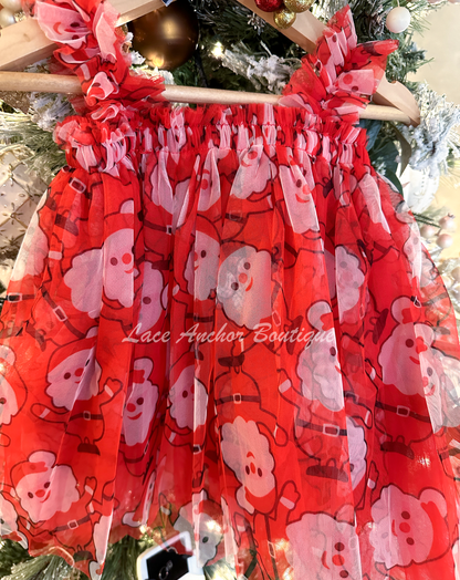 whimsical Santa printed red tulle baby girls Christmas dress