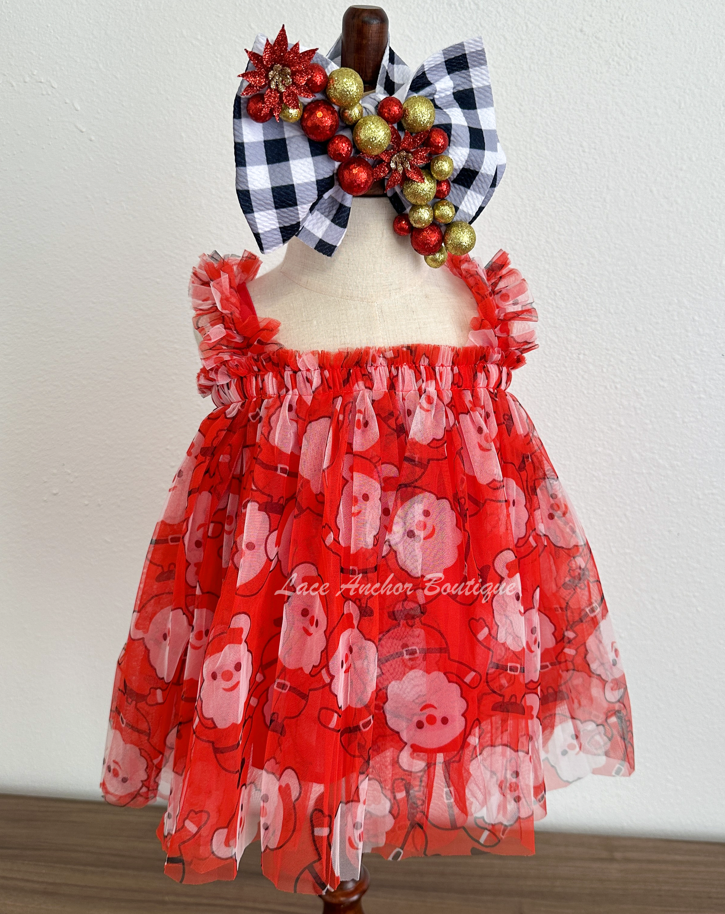 whimsical Santa printed red tulle baby girls Christmas dress