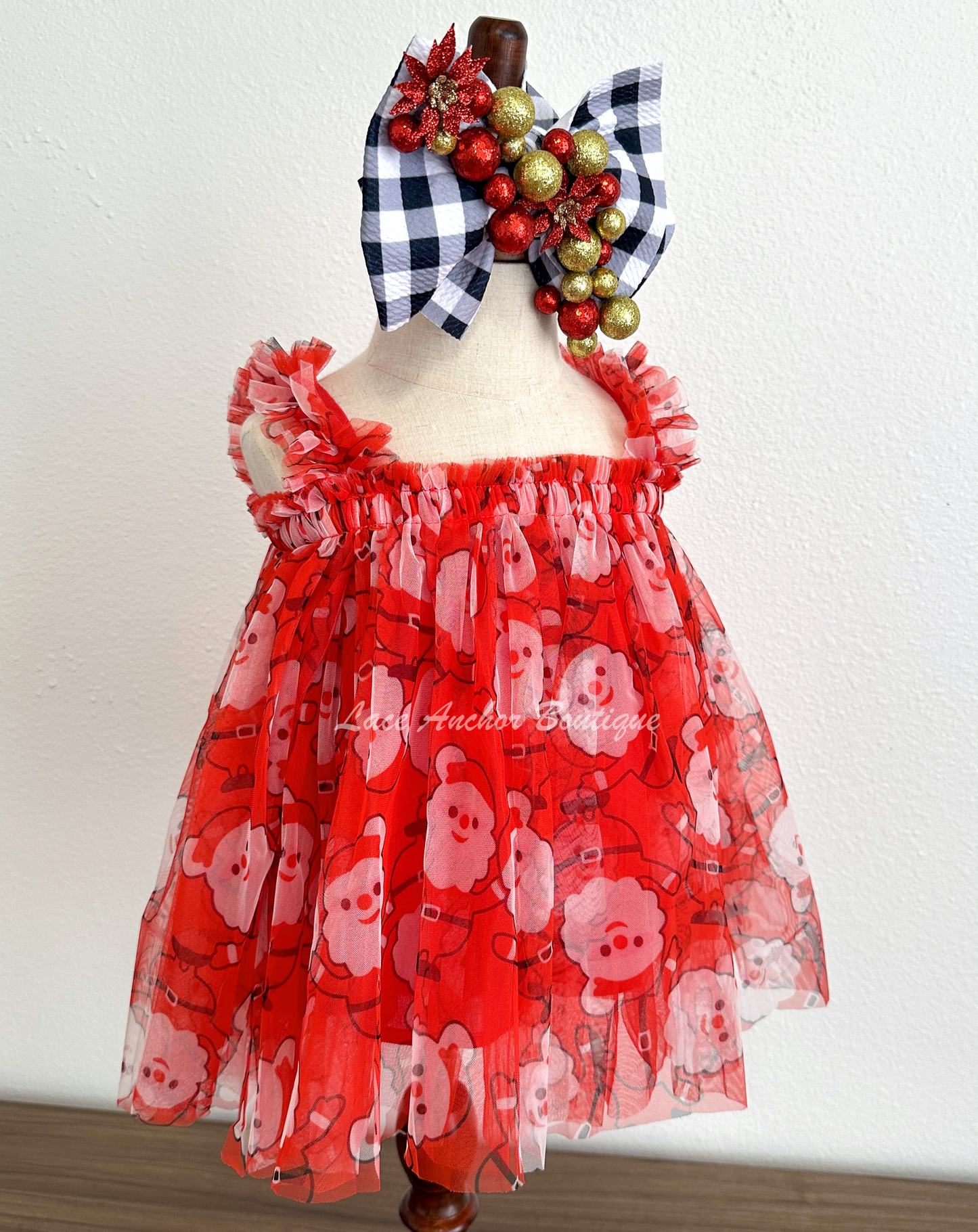 whimsical Santa printed red tulle baby girls Christmas dress