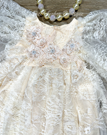 baby girls all over lace dress with floral embroidery and rhinestones. Flutter style sleeves.Flower girl dress.