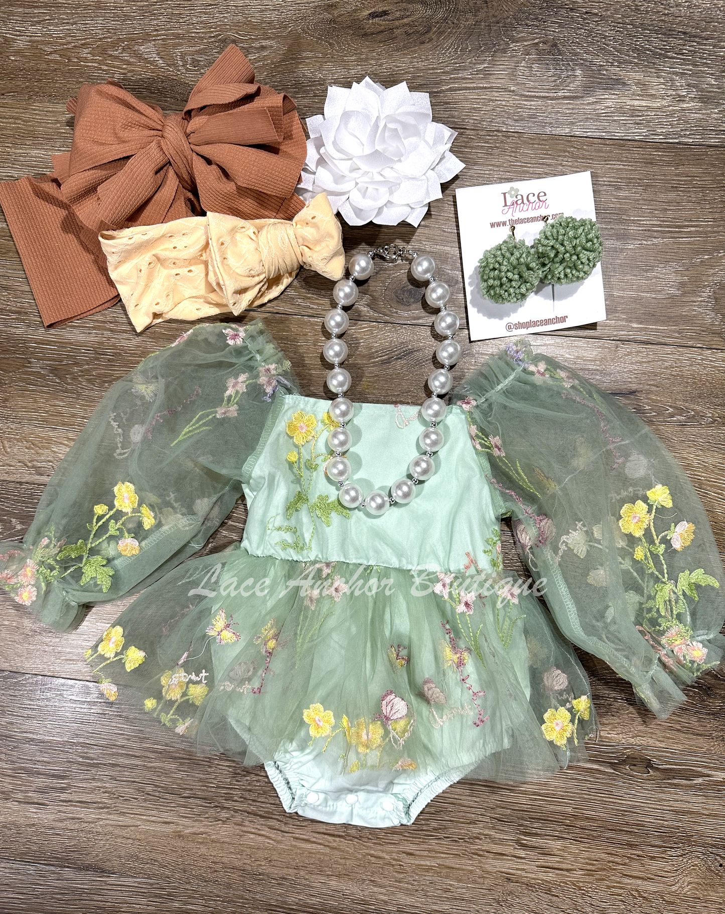 sage green baby girls puff long sleeve romper with embroidered flowers