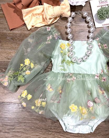 sage green baby girls puff long sleeve romper with embroidered flowers