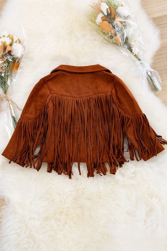 Toddler baby girls faux suede western jacket with fringe all over. Girl jacket in tan/rust color.