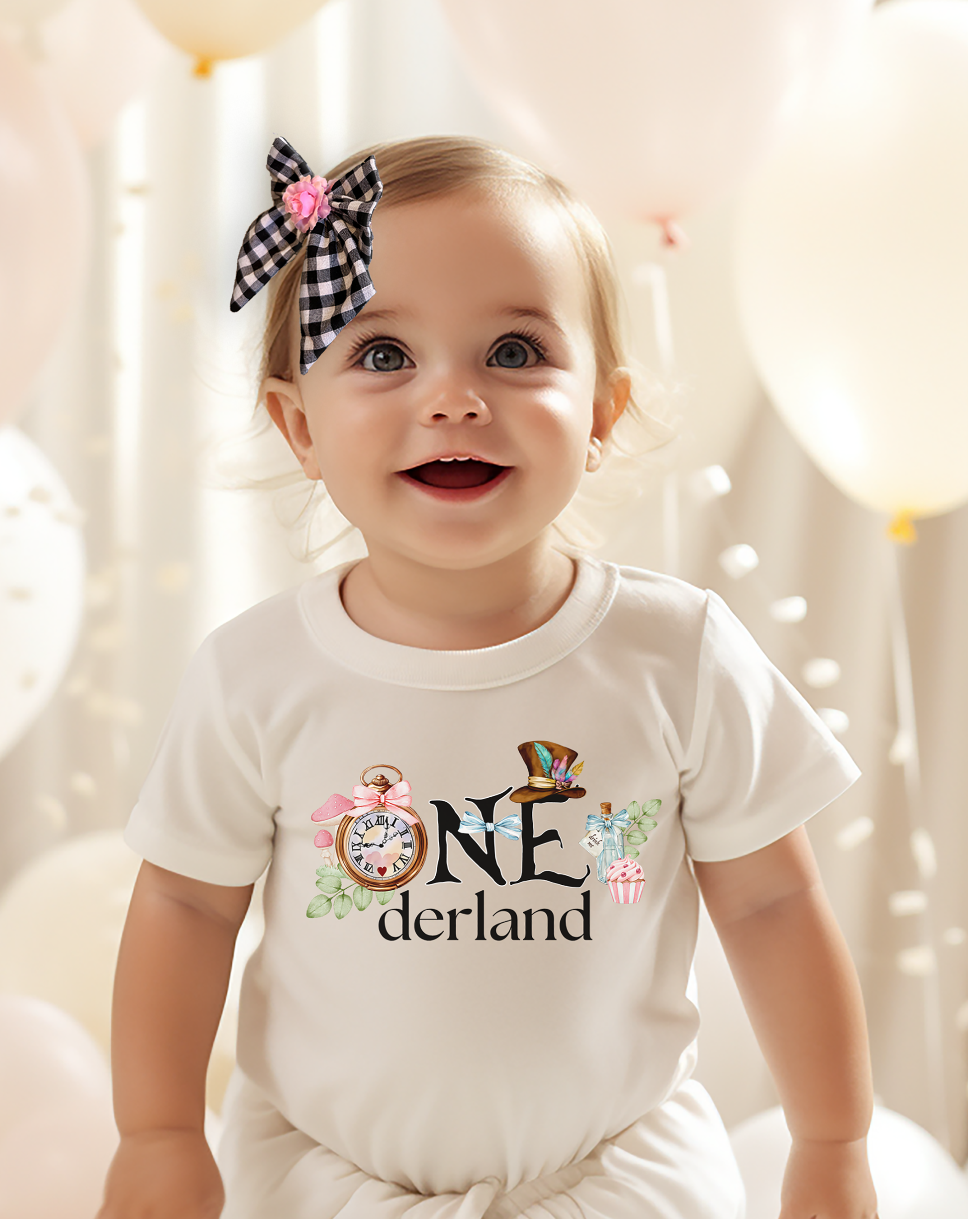 baby girls white first birthday shirt in an Alice in Wonderland theme. Featuring ONEderland across the chest with a clock for the O, florals, Mad Hatters Hat, and related details.