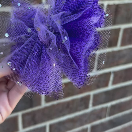 handmade custom tulle girls hair bow clips with silver squin sparkles and glitter in dark purple.