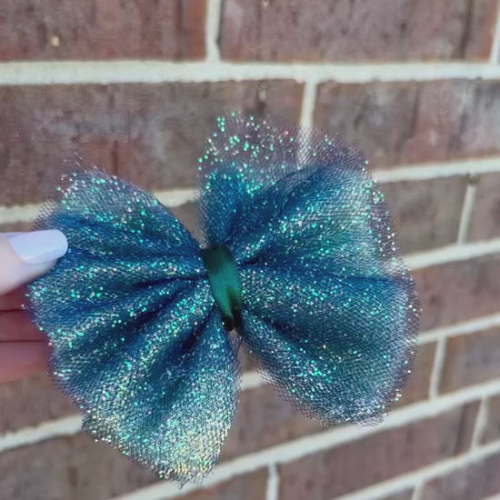 navy blue with bronze gold glitter tulle girls hair bow clip