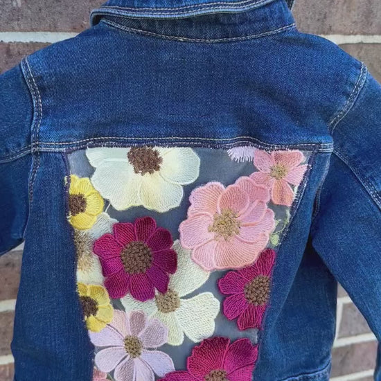 custom handmade upcycle toddler girls denim jacket with 3D floral emboridered patch.