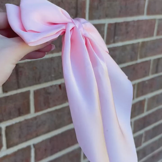silk sikly sailor long tail girls hair bow in blush light pink