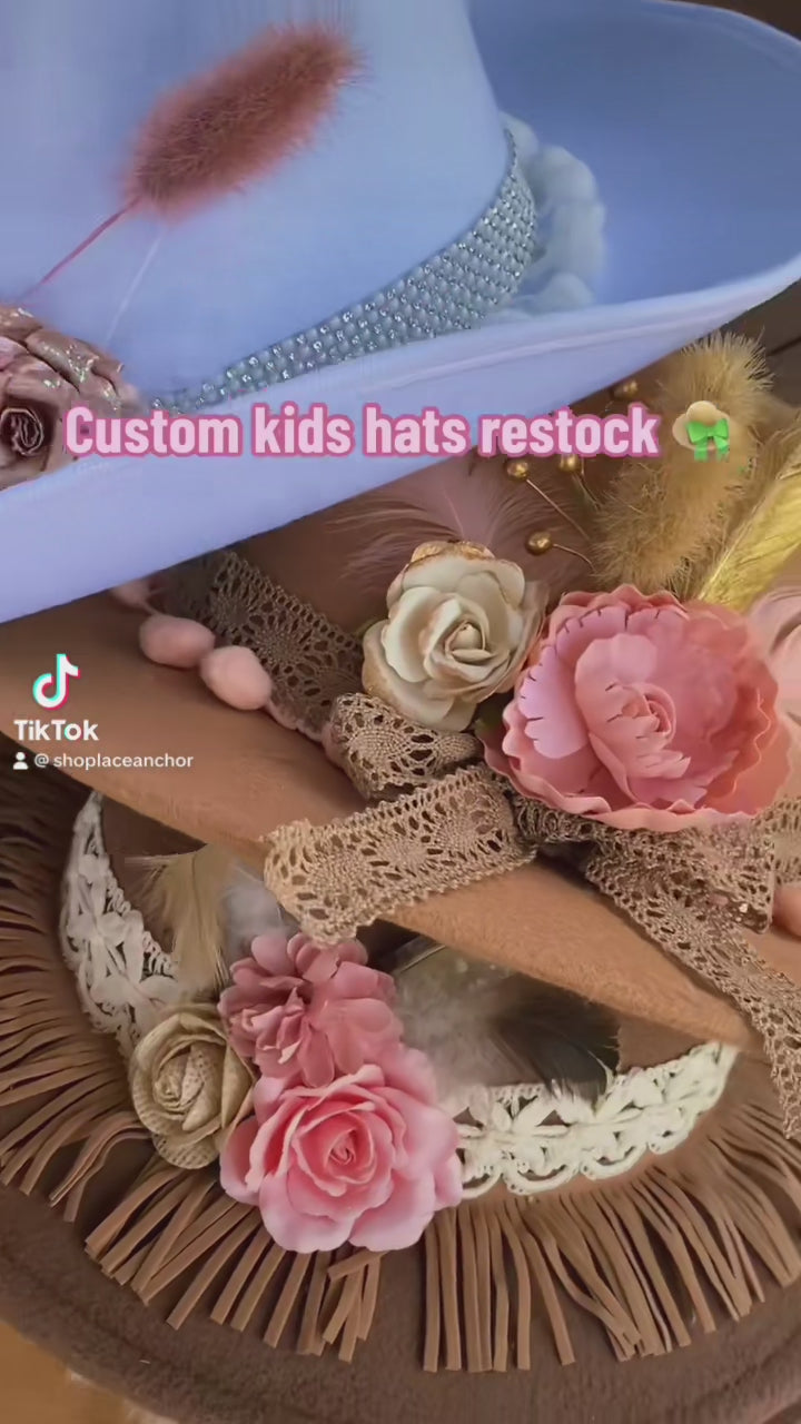 handmade toddler youth girls felt hat with handmade trims, fringe, pom poms, feathers, and flowers. Kids western boho flat brim hat.