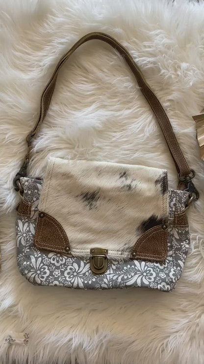 Grey Floral and Cowhide Shoulder Bag