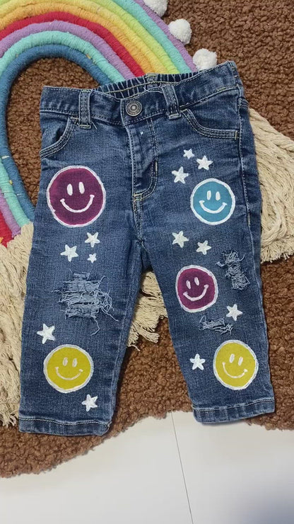 Baby Multi Color Smiley Print Stars Denim Pant - Hand Painted Custom Pants