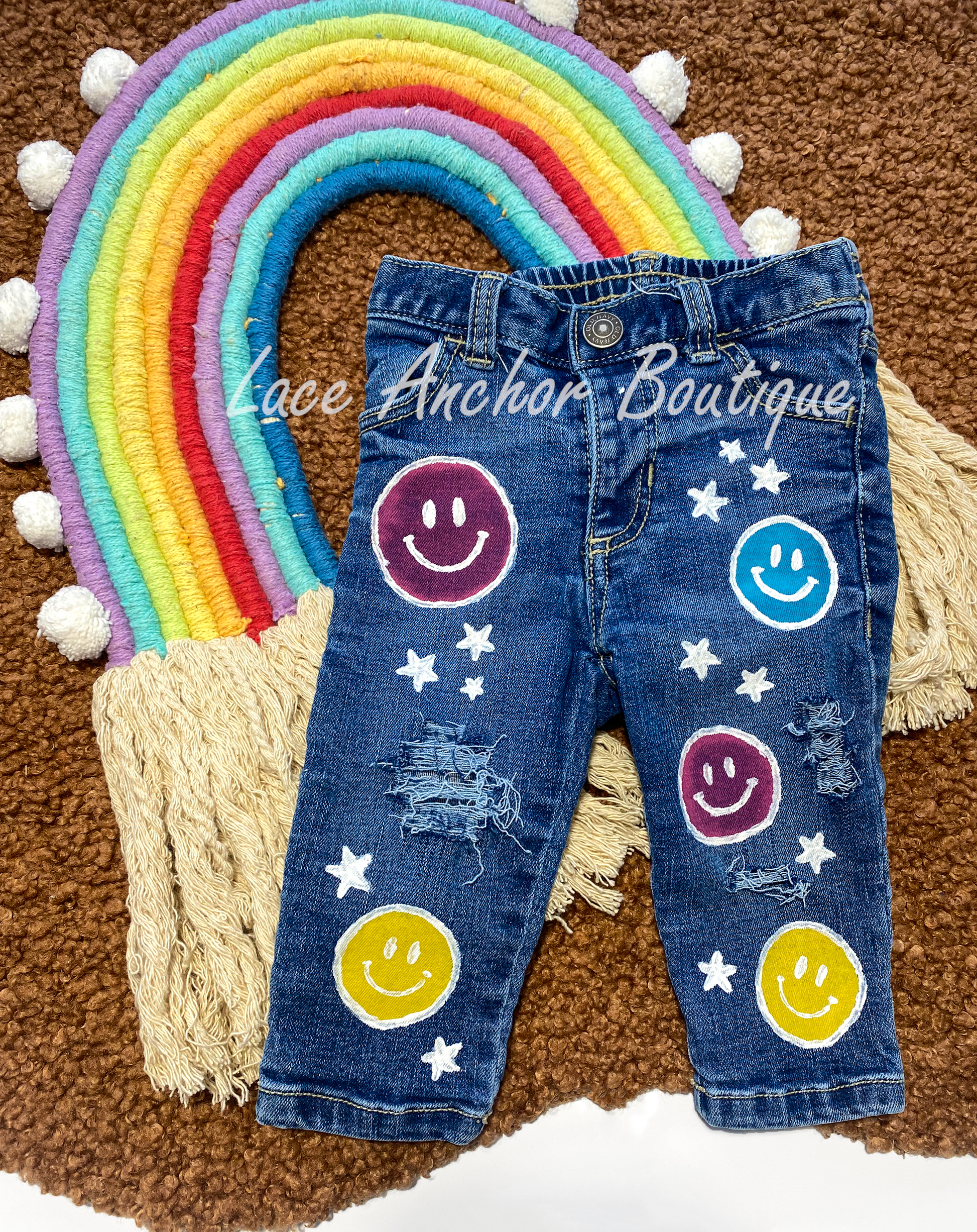 Baby Multi Color Smiley Print Stars Denim Pant - Hand Painted Custom Pants