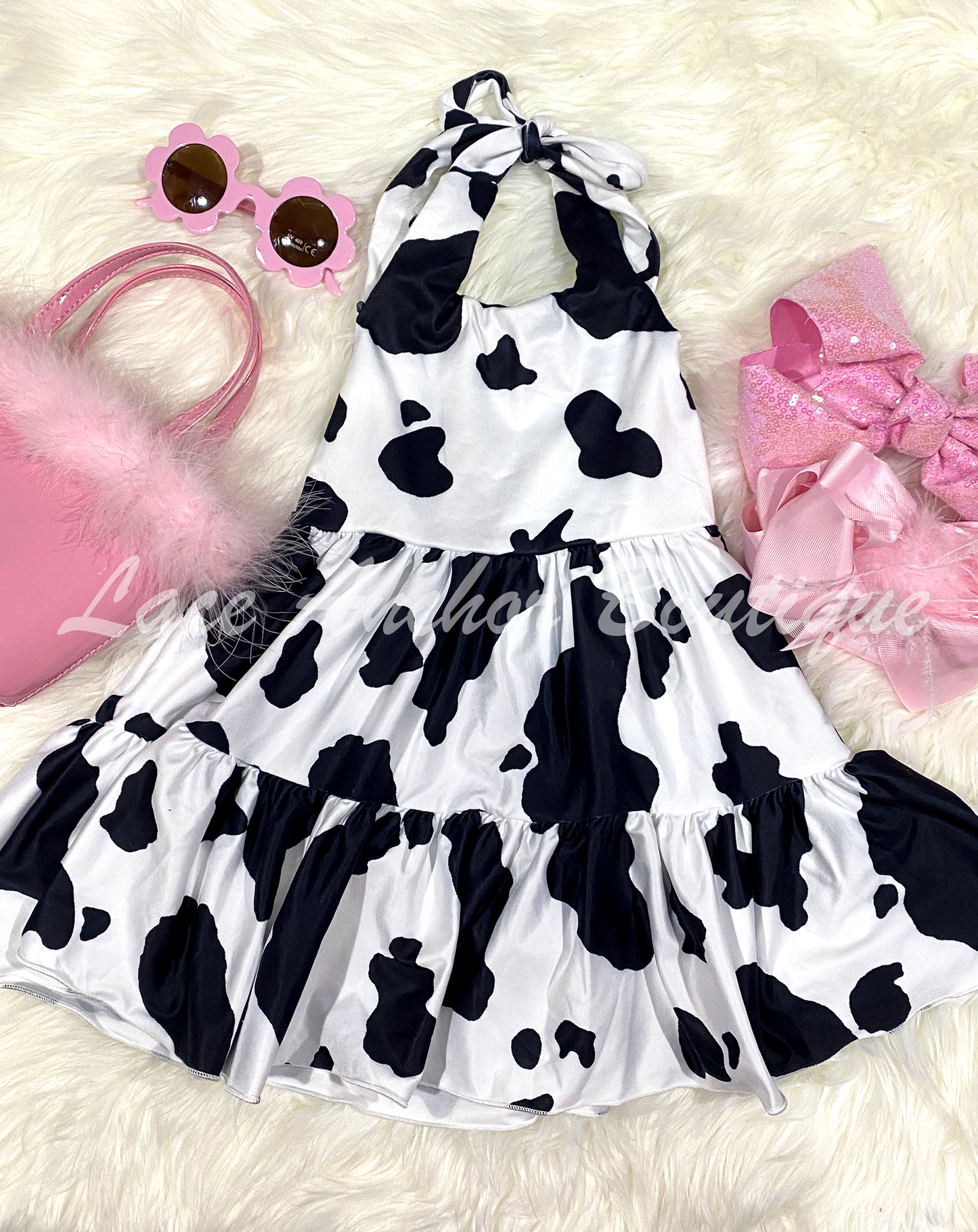 Black & White Cow Print Halter Dress - Animal Print Tied Swing Dress