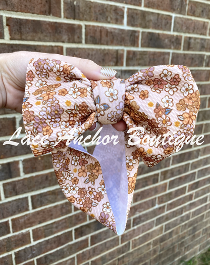 Printed baby toddler western boho headwrap bow - tan floral headwrap hair band bow