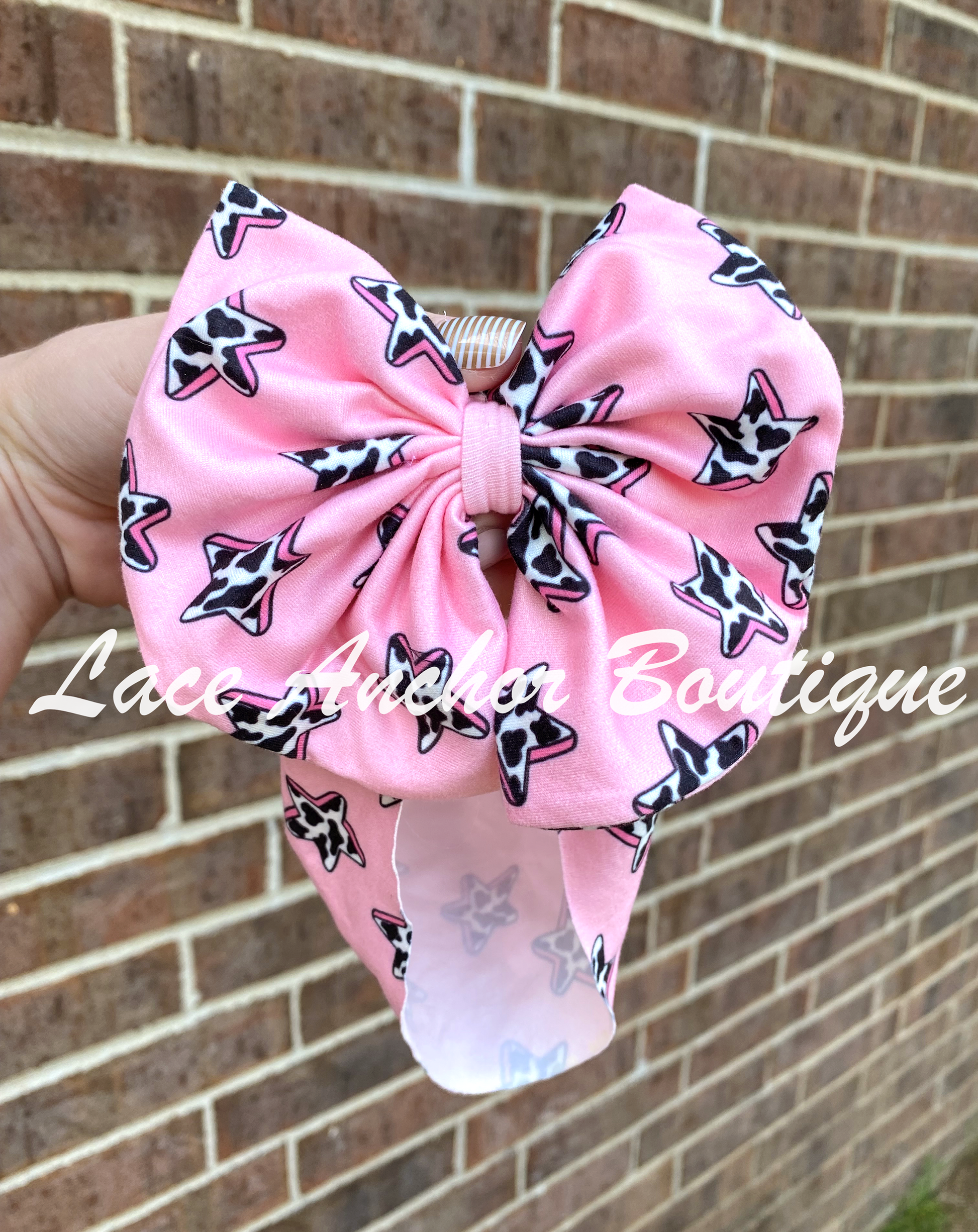 Printed baby toddler western boho headwrap bow - bright light pink with cow print stars headwrap hair band bow