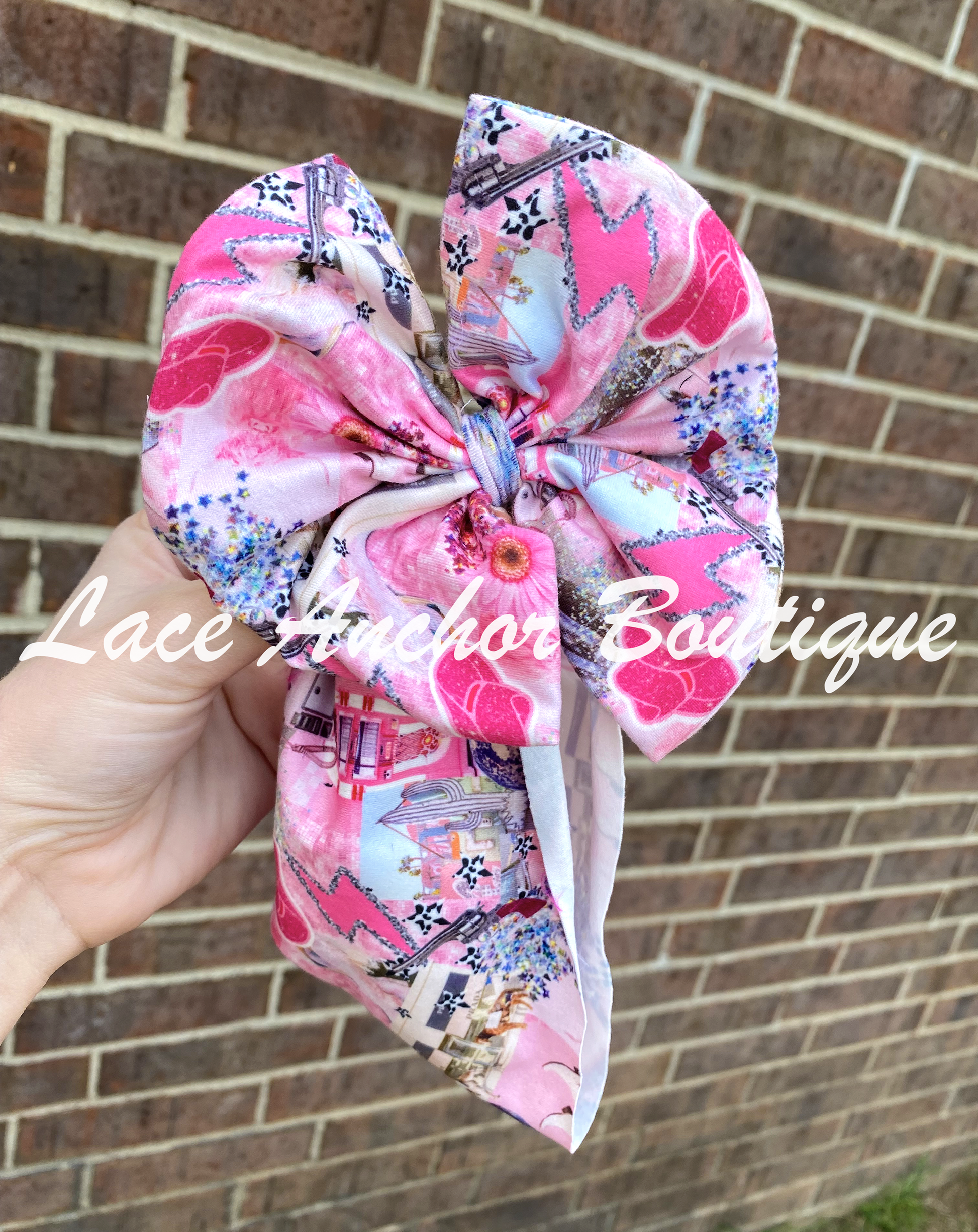 Printed baby toddler western boho headwrap bow - bright pink disco cowgirl bling headwrap hair band bow