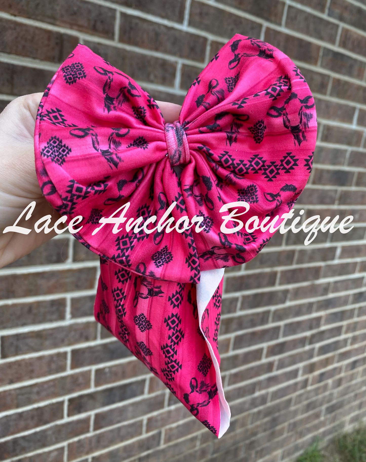 Printed baby toddler western boho hot pink cow head aztec headwrap bow - headwrap hair band bow