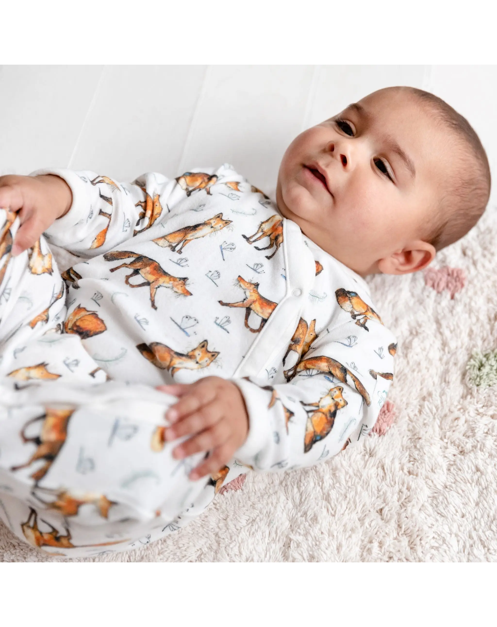 Ivory Illustrated paint fox print designer footed snap onesie