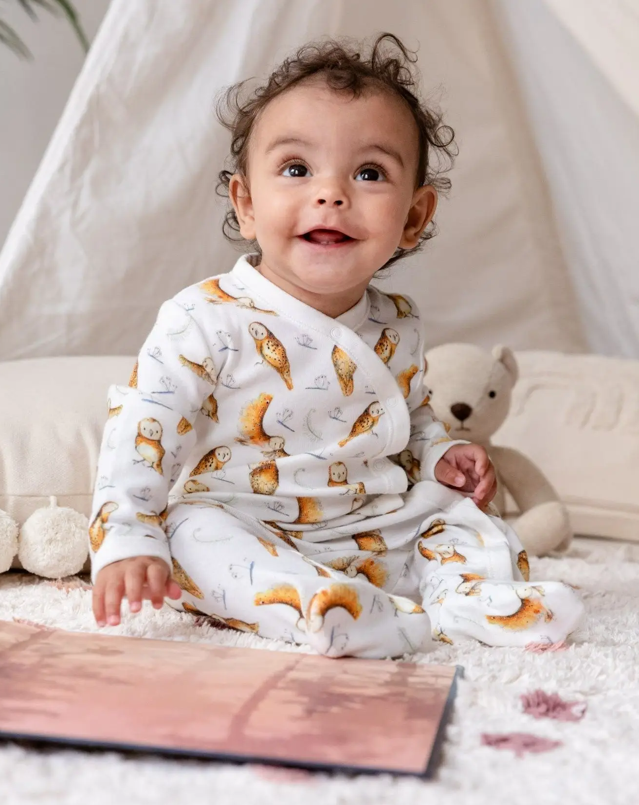 Ivory Illustrated paint owl print designer footed snap onesie
